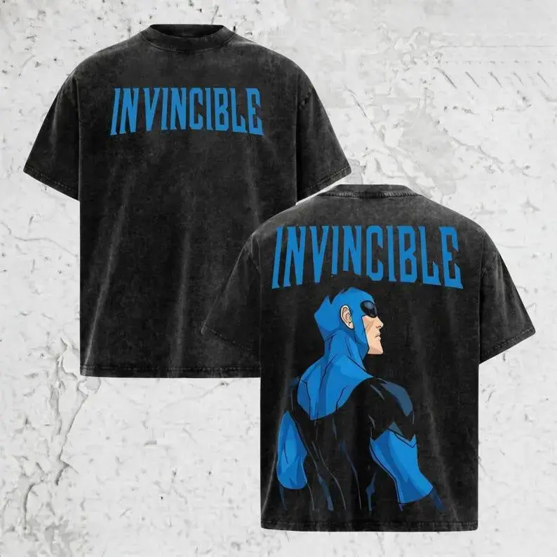 Retro Washed Black Oversized Invincible Graphic Tee, Vintage Comic Hero Shirt For Men & Women! Y2K Streetwear Casual Outfits, Unisex Fan Gift Merch, Edgy Gym Pump Cover Apparel & Trendy Loose Fit Daily Wear Tops For Everyday Dark Aesthetic Y2K Fashion!!!