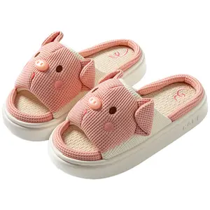 Women's Cute Pig Design Open Toe Linen Slippers Summer Breathable Indoor Slides Comfortable Lightweight Flip Flops for Home Daily Walking