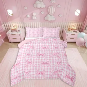 Dreamy Bowknot Bedding,Girls Striped Ribbon Bow Comforter Set,Girly Stylish Bowtie Quilt,Watercolor Coquette Down Comforter