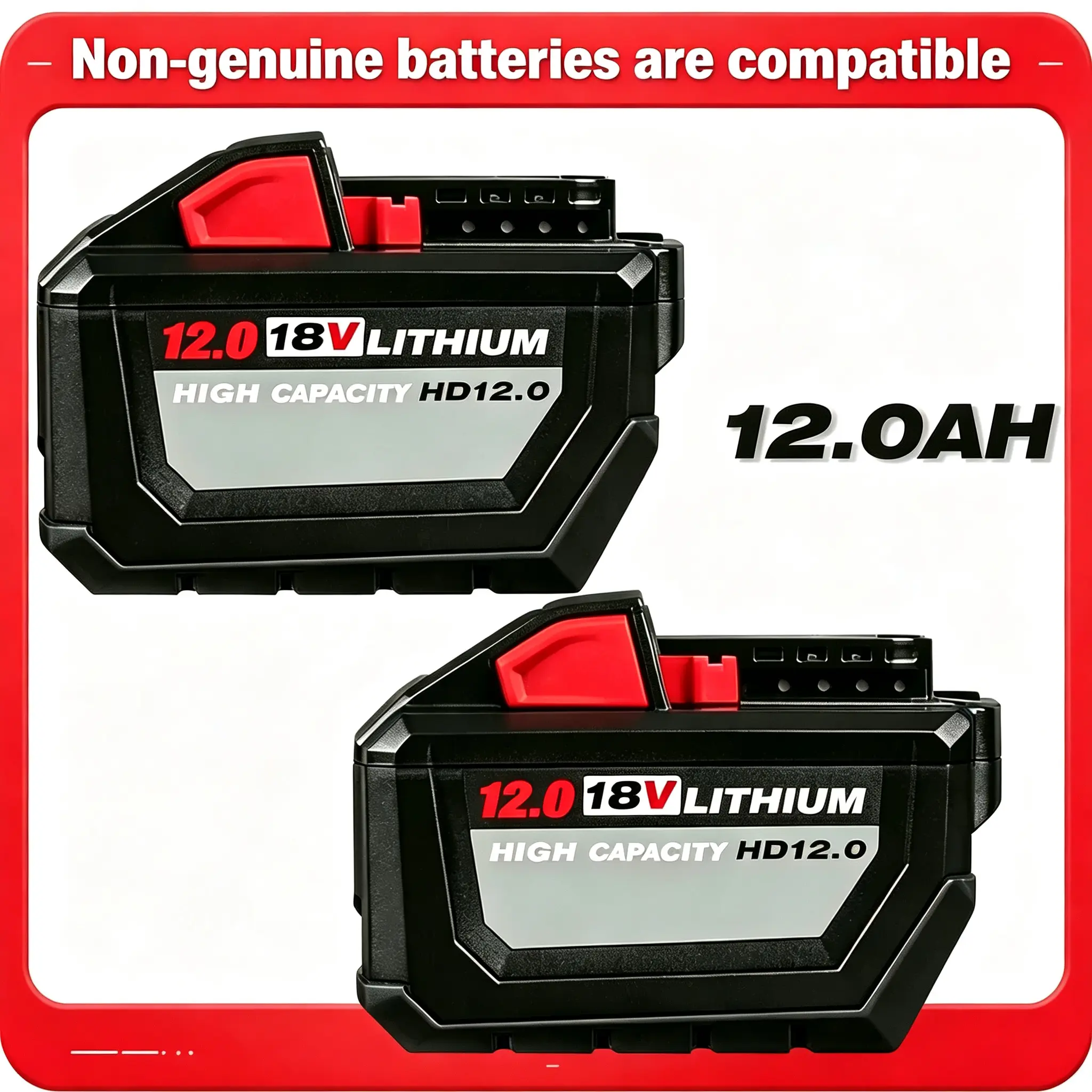 2pcs High-Capacity 6x 12.0Ah 18V Lithium-Ion Replacement Batteries for Milwaukee M18 Tools, Compatible with 48-11-1850/1860/1880, with LED Indicator, Protection System, 90 Days Money Back