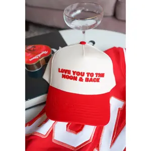 Love You to the Moon & Back Red Vintage Trucker Hat Adjustable Snapback with Red Embroidery