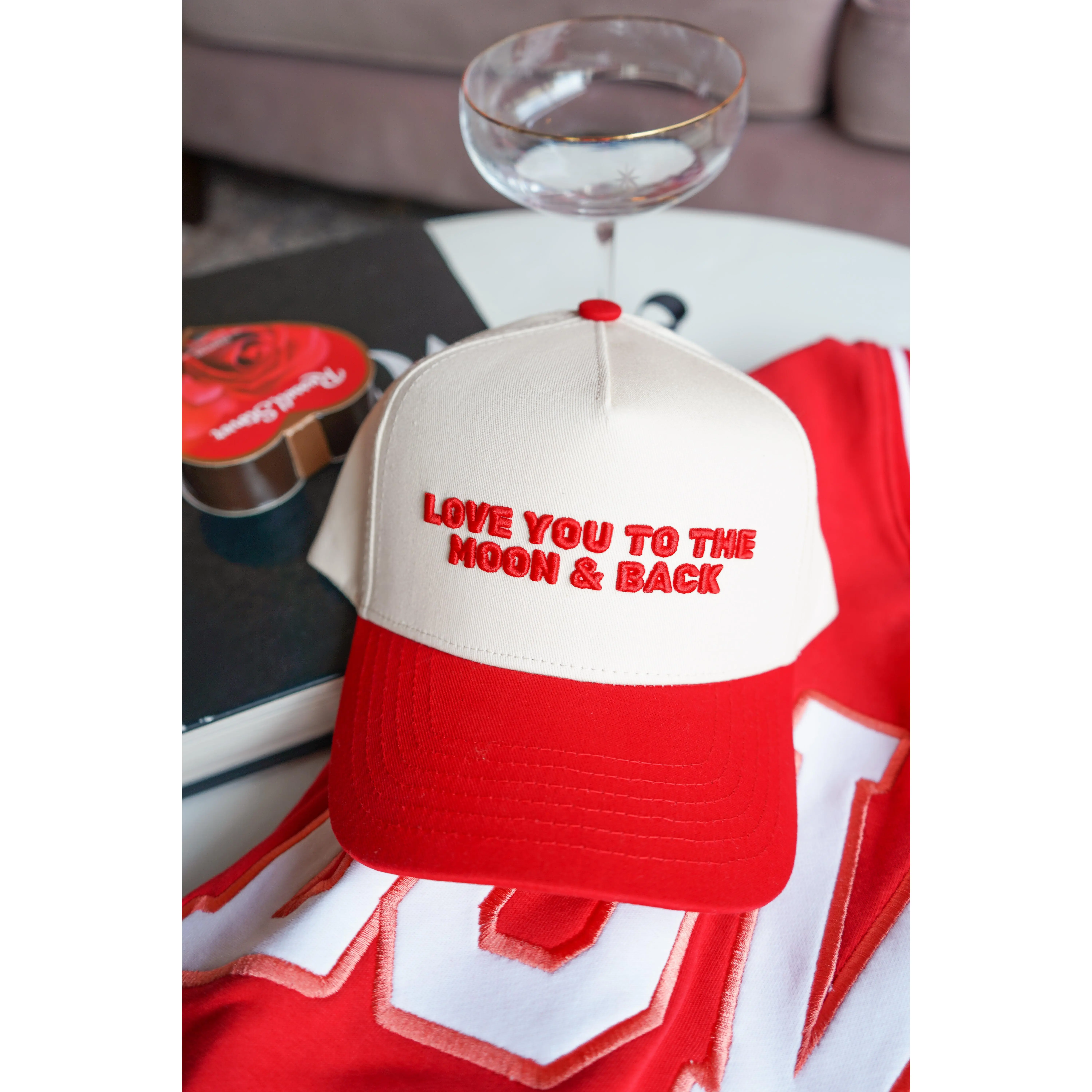 Love You to the Moon & Back Red Vintage Trucker Hat Adjustable Snapback with Red Embroidery
