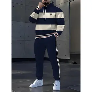 [Street Style Sweatshirt Set] Plus Size Men's Sweatshirt Set |   Large Size Three-Color Striped Logo Hoodie Pants Set with Detailed Design Touches - Street Style Contrast Narrative, Unlocking Classic Dressing Code Elementswomen's clothing