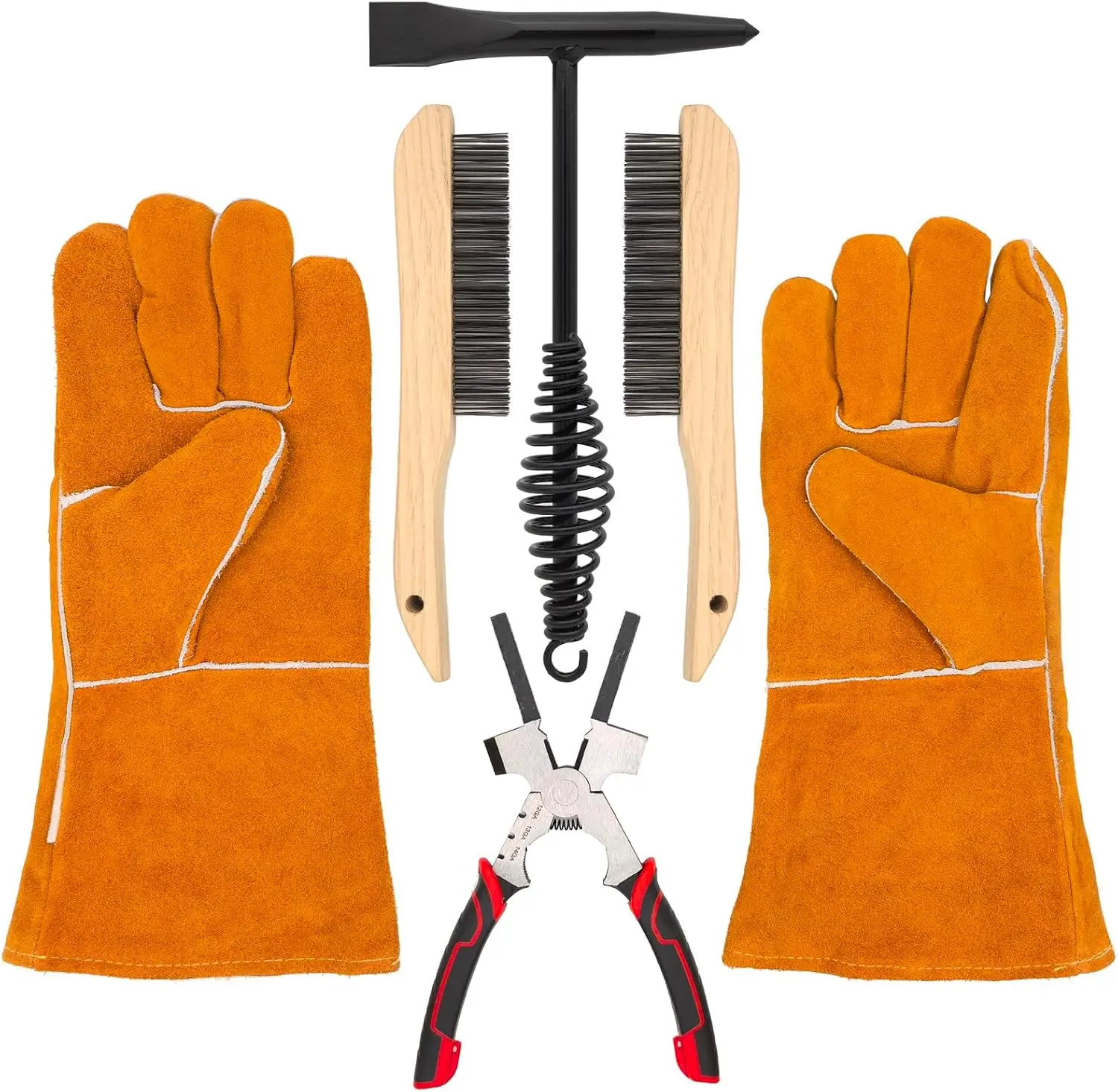 Welding Accessories,5pc,Chipping Hammer 10.5", Leather Welding Gloves 13.5",6-in-1 Welpers Pliers 8",Wire Brush 10"