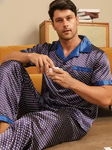Men's Summer Short Sleeve Long Pants Pajama Set, Comfortable Casual Polka Dot Pattern, Ideal for Home and Outdoors, Fashionable Open Front Design