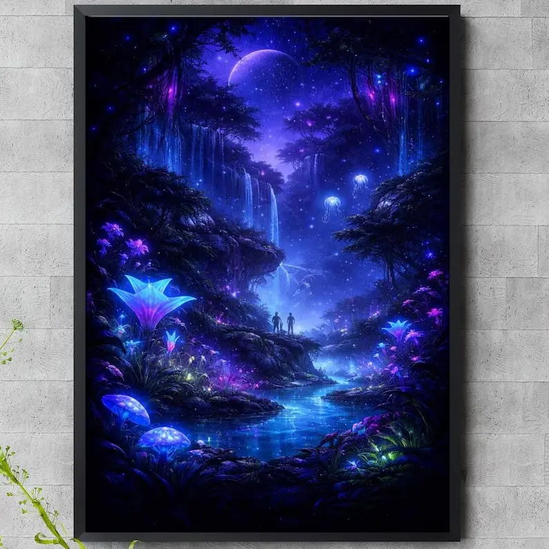 Bioluminescent Fantasy Forest Print, Avatar Inspired Landscape Poster, Glowing Waterfall Wall Art Unframed sohochic
