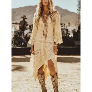 Cross-border European and American Spring and Autumn retro wasteland style ethnic style floral breathable casual dress long dress Womenswear Summer