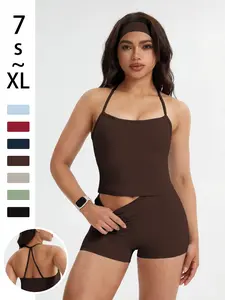 Women's Yoga Set, Sports Clothing Set, Plain Color Braided Tank Top & Cross-Back Short Shirt, Sleeveless Above Knee Shorts, Ideal for Running & Fitness