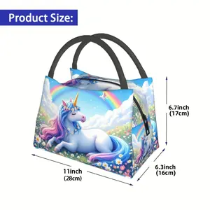 Whimsical Sleeping Unicorn & Rainbow Meadow Insulated Lunch Bag for Women - Reusable Square Thermal Tote with Sturdy Handles, Durable Polyester for Work, Travel, Picnic, Camping, Picnic Essentials, Fantasy Themed Lunchbox, Easy Maintenance Fabric