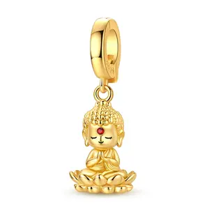 MULA 14K Gold Plated Clip On Buddha Charm for Pandora Bracelet – 925 Sterling Silver Zen Meditation Namaste Dangle Bead with Hinged Bail, Lotus Flower Yoga Necklace Pendant Jewelry Gifts for Women