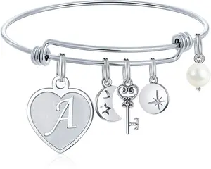 M MOOHAM Initial Charm Bracelets for Women Gifts - Engraved 26 Letters Initial Charms Bracelet Stainless Steel Bangle Bracelet Birthday Christmas Jewelry Gift for Women Teen Girls M MOOHAM