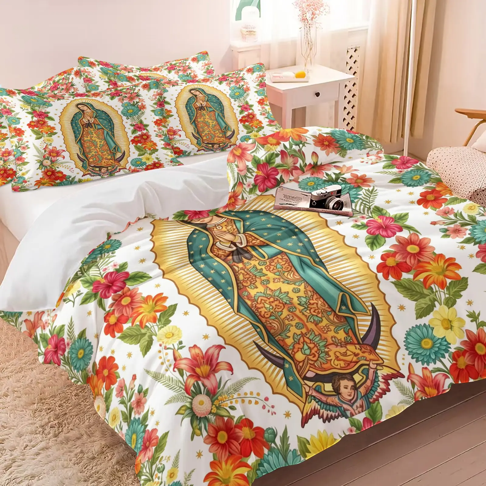 Colorful Guadalupe Virgin Rose Duvet Cover Set, Mexican Traditional Folk Elements Design, Bohemian Bedroom Decor, Soft Comfortable Bedding, Gift Choice, 1 Duvet & 1-2 Coreless Pillowcases