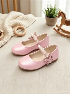 Girls' / Pearl Butterfly Mary Jane Flat Shoes, Soft Sole Anti-Slip Velcro Design, Casual Princess Style, All Seasons