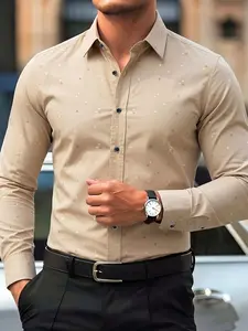 Men's Long Sleeve Shirt, Triangle Print, Slim-Fitting Casual Business Top, All Seasons, Lightweight Luxury Style