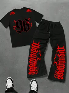 Men's Fashion Casual Two-Piece Set with Gothic Print T-Shirt, Comfortable Summer Short Sleeve Tee and Relaxed Fit Pants for Spring & Fall