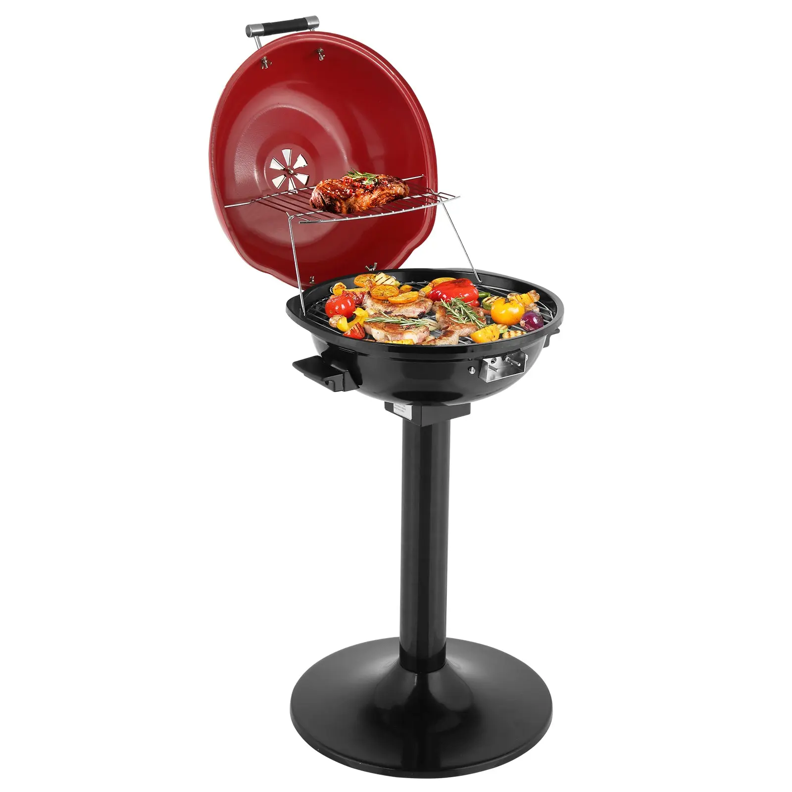 NEWZOME Electric BBQ Grill with Stand Portable Double Layer Grill for Indoor Outdoor Use 1600W Nonstick Removable Grill Plate Smokeless Electric Barbecue Cooker for Patio Balcony Kitchen Garden Parties Easy to Clean Red
