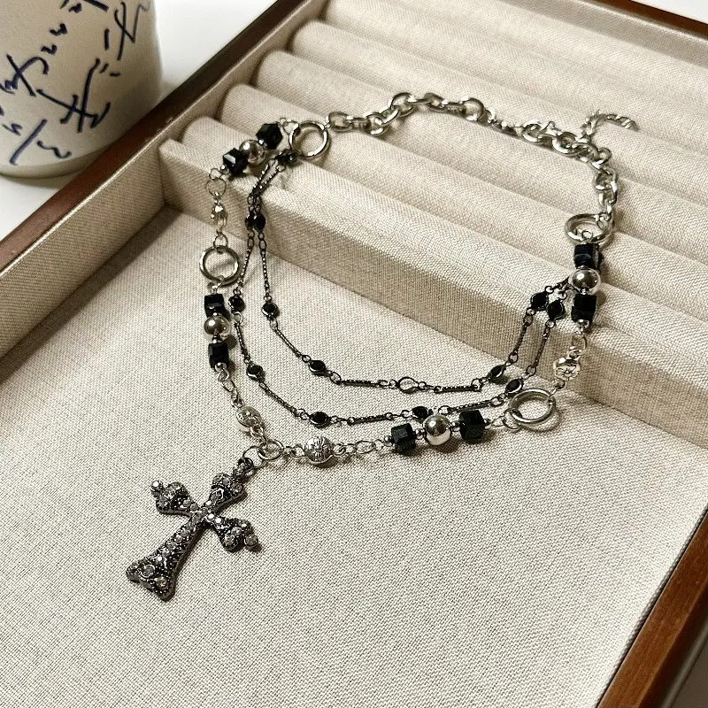 Two For One!!! Multi-layered gun black cross necklace collarbone chain choker neck chain
