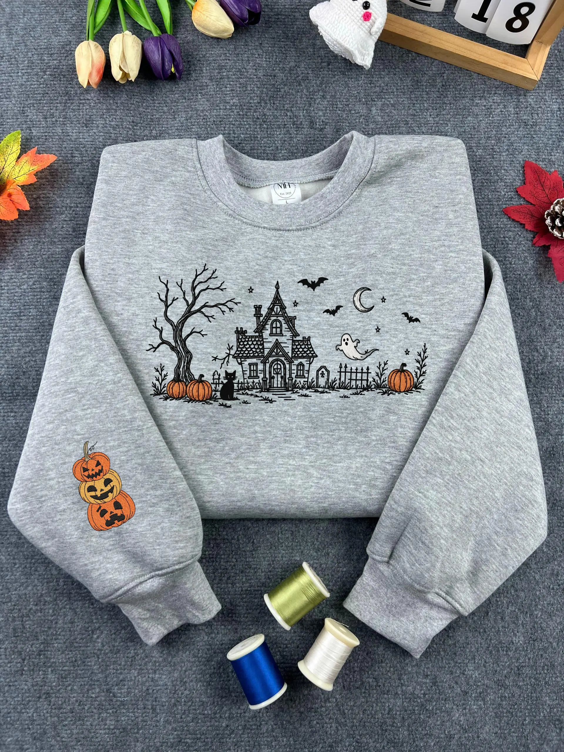 Embroidered Vintage Haunted House Sweatshirt | Pigment Dyed Halloween Crewneck | Cottagecore Fall Pullover