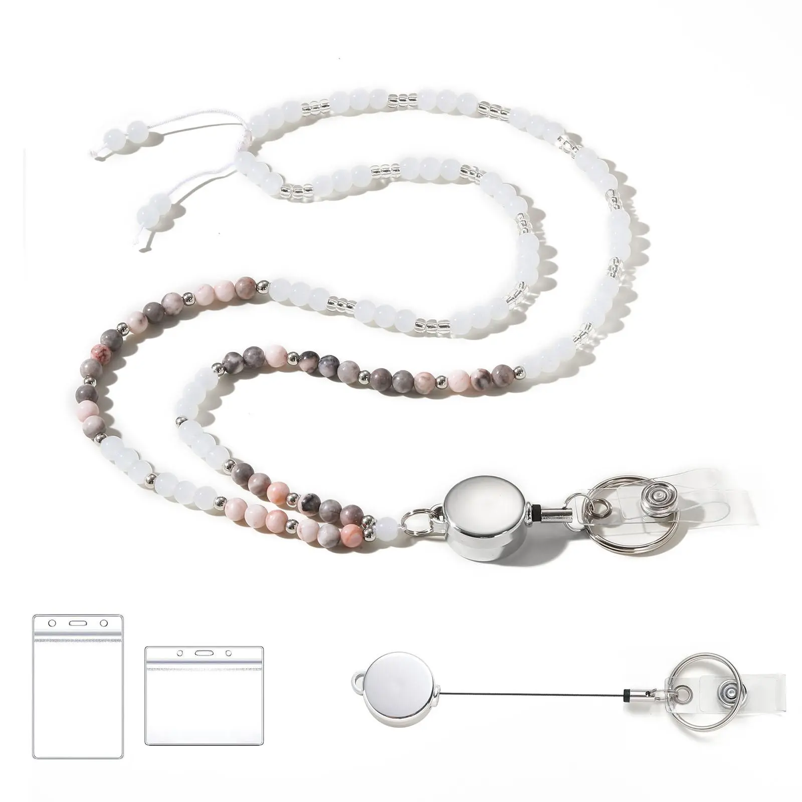 Natural Stone Bead ID Lanyard Set, 3 Counts/set Lanyard & Retractable Badge Clip & Badge Reel & ID Card Holder, Identification Badges & Supplies