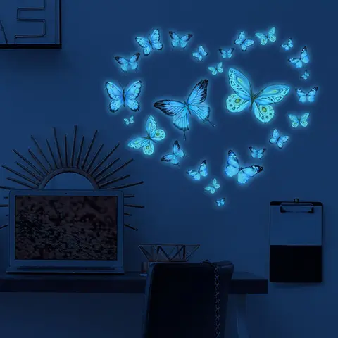 Glow in the Dark Rainbow Heart Butterfly Wall Stickers, Self-Adhesive Home Decor for Kids Room, Halloween & Christmas Decoration, Decorative Stickers