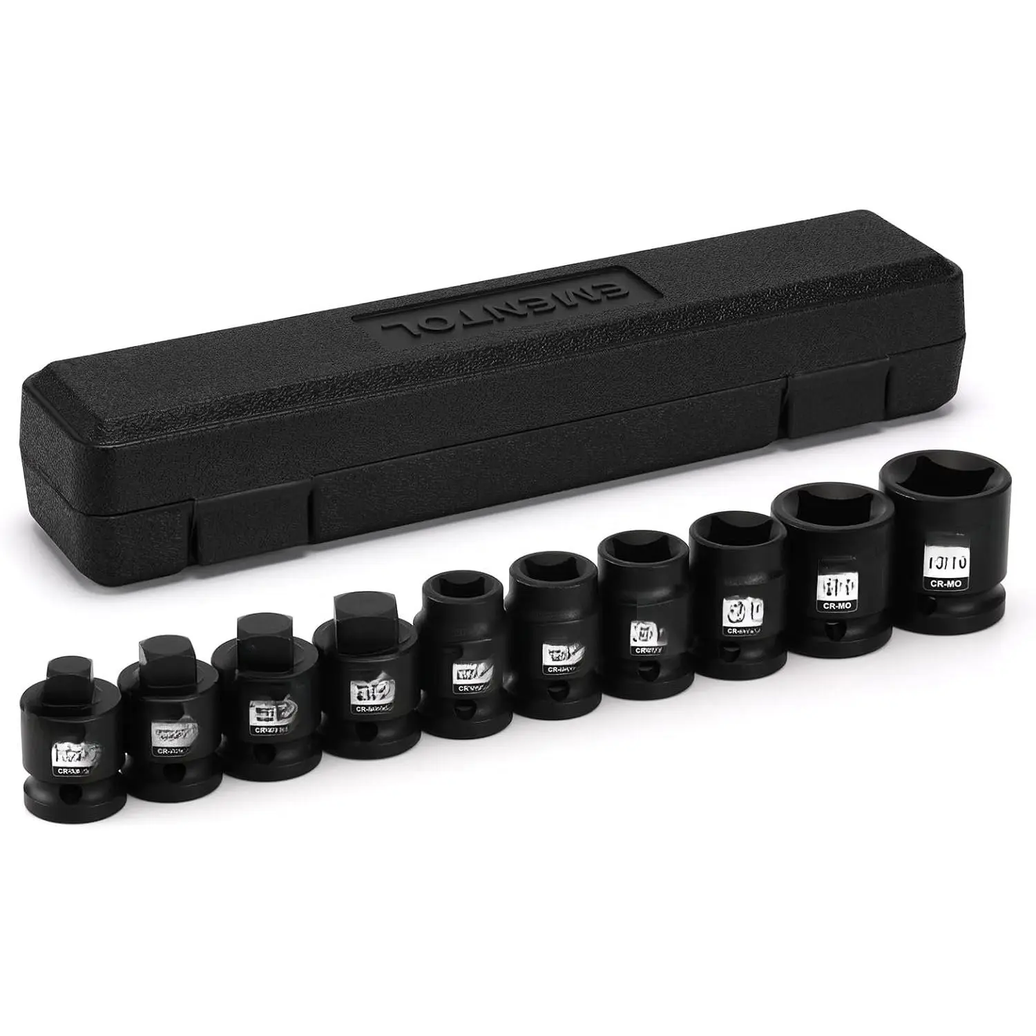 10 count 1/2" Dr. Pipe Plug Socket Set, SAE, CR-MO, Tapered Male Square Drive - 7/16 Inch to 9/16 Inch, Chamfered Female Square Drive - 7/16 Inch to 13/16 Inch