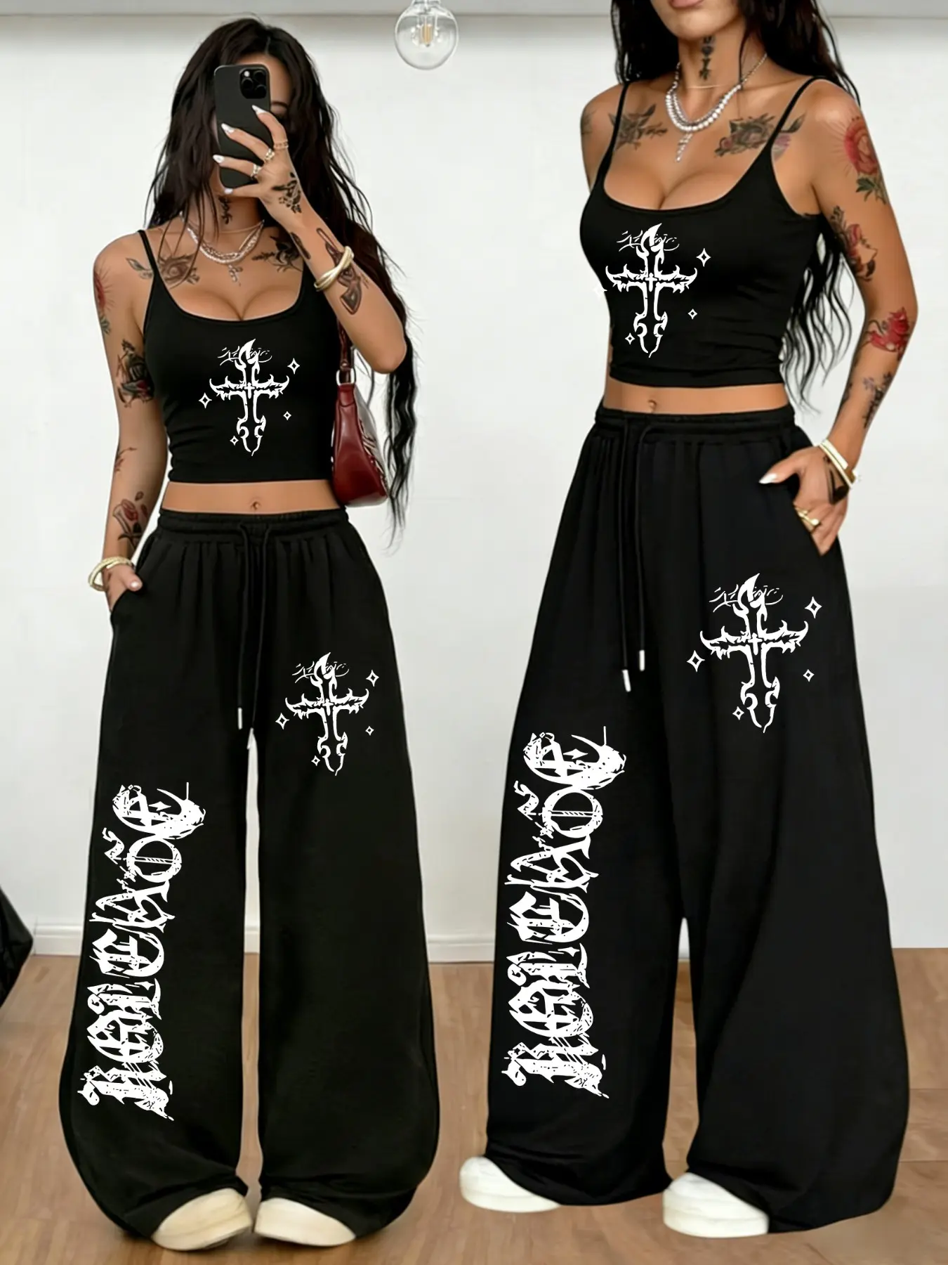 Black Gothic Thorn Cross Graphic Crop Cami & High Waist Wide Leg Sweatpants Set - Womenswear 2026 Trending Streetwear Fit, Casual Set, Soft Stretchy Fabric Perfect for Festivals & Dark Looks, Bold Gothic Cross Print That Stands Out