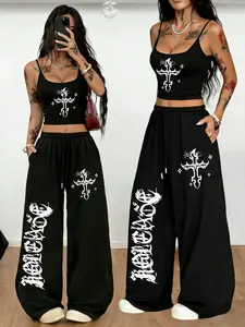 2026 Trending Black Two-Piece Sleeveless Set - "Gothic Cross" Dark Streetwear, Breathable Soft Fabric Ideal for Concerts & Gothic Events, Must-Have for Gothic & Edgy Style Enthusiasts