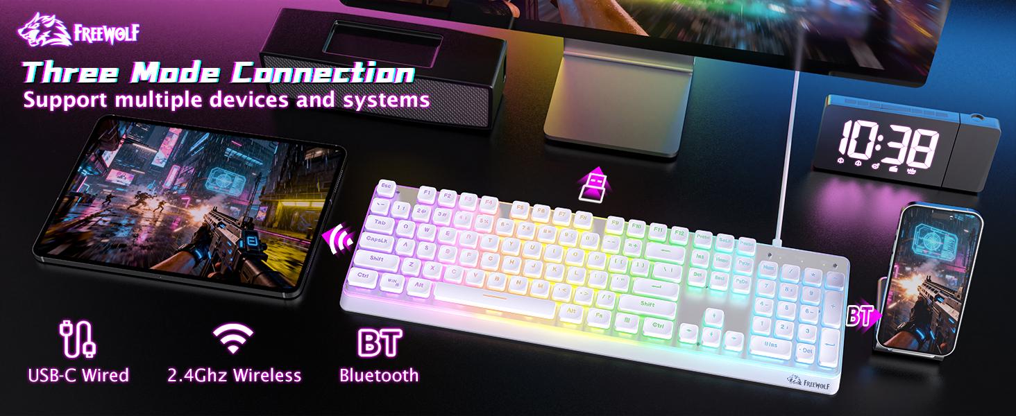 Free wolf M104 Wireless Gaming Keyboard with Numeric Keypad, New  keyboard Tri-Mode(2.4Ghz/Wired/Bluetooth) Membrane Full Size Mechanical Feel Metal Panel RGB 4000MAH Rechargeable Quiet Waterproof for PC/MAC/Win Gamer-Black