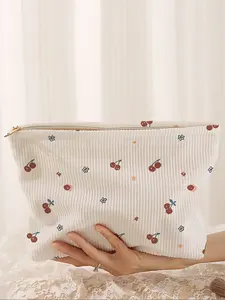 Cherry Printed Corduroy Makeup Bag, Handheld Cosmetic Pouch, Cartoon Style, Cute Lightweight Multi-Functional Fashion Casual Cosmetic Bag, Travel Organizer, Travel Cosmetic Bags
