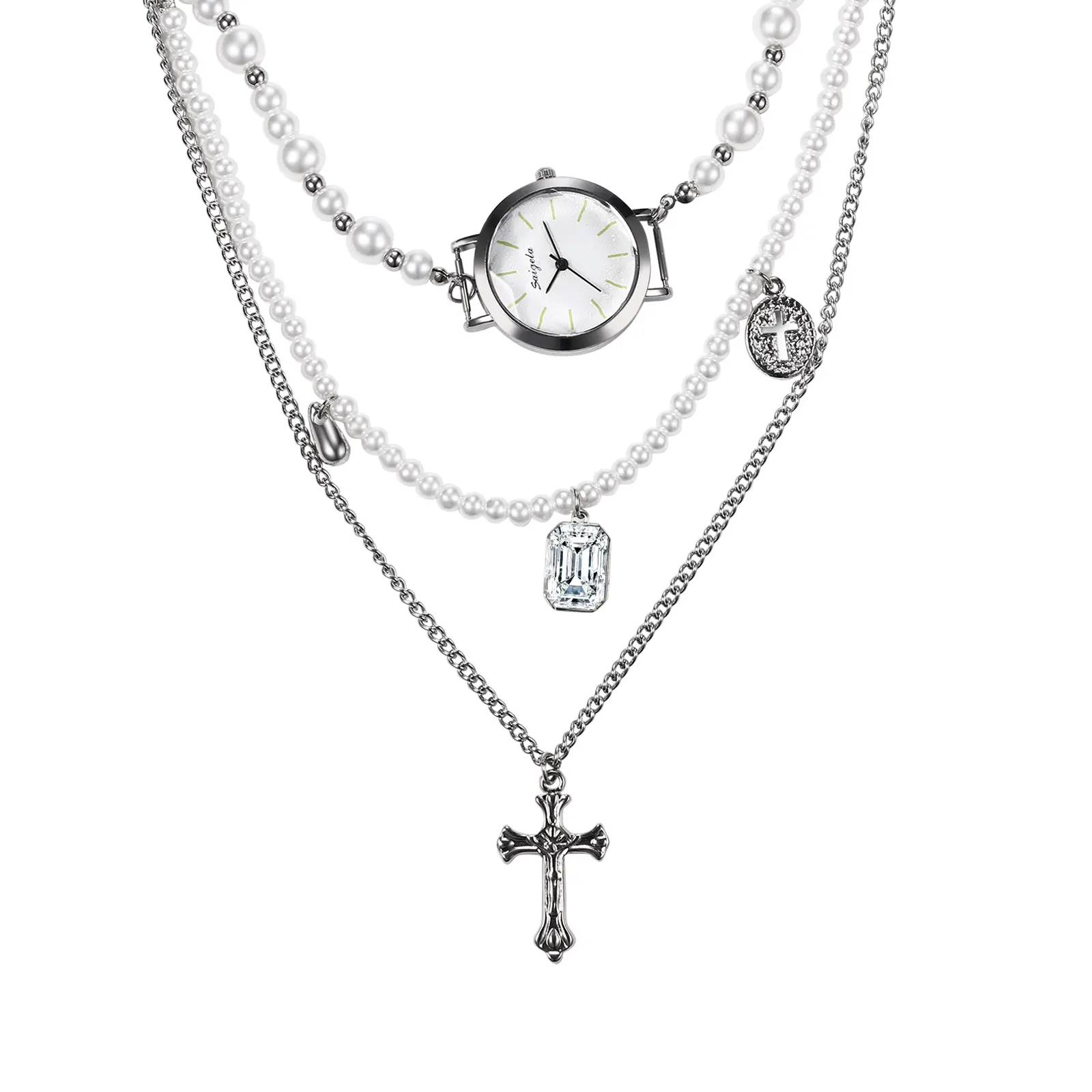 OIDEA Elegant Stylish Multi-Layer Faux Pearl Strand Necklace Watch - Adjustable Fit, Acrylic Rhinestones, Bar Scale, Stainless Steel Cross Pendant, Analog Dial, Quartz Movement, for Christmas, Anniversaries, Stylish Watch, Casual/Formal, Mother's Day, Lay