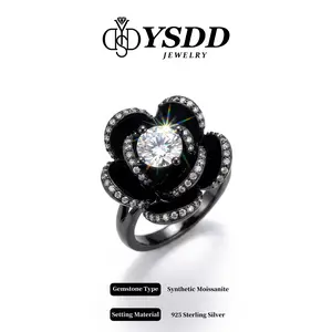 【#684 Black Camellia】1CT Floral Statement Ring vvs Synthetic Moissanite Rings in 925 Sterling Silver