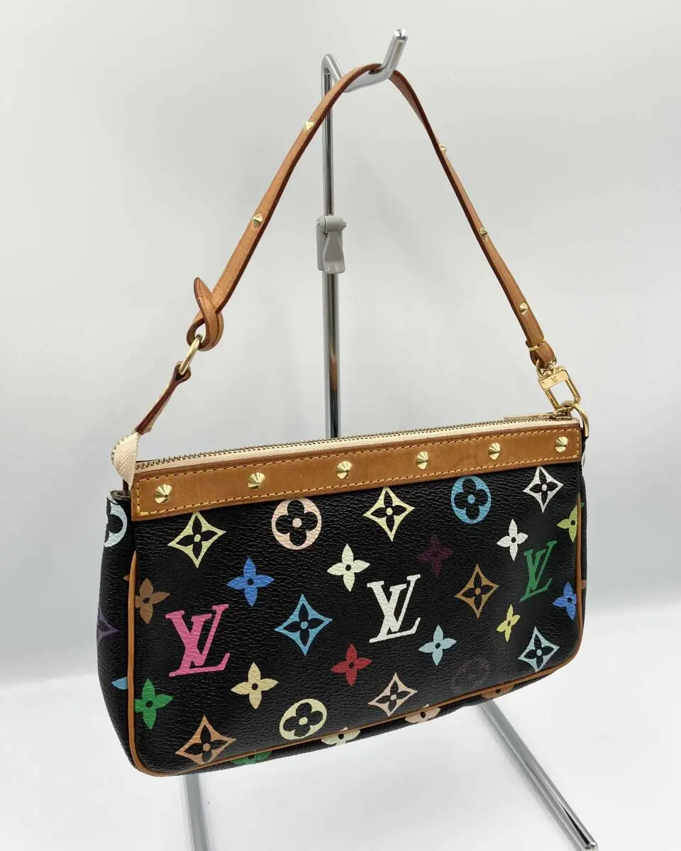 Pre-owned Louis Vuitton Monogram Multicolor Canvas with Natural Vachetta Leather Trim Shoulder Bags x Takashi Murakami Multicolor Pochette Accessoires in Black Monogram Canvas J80601208