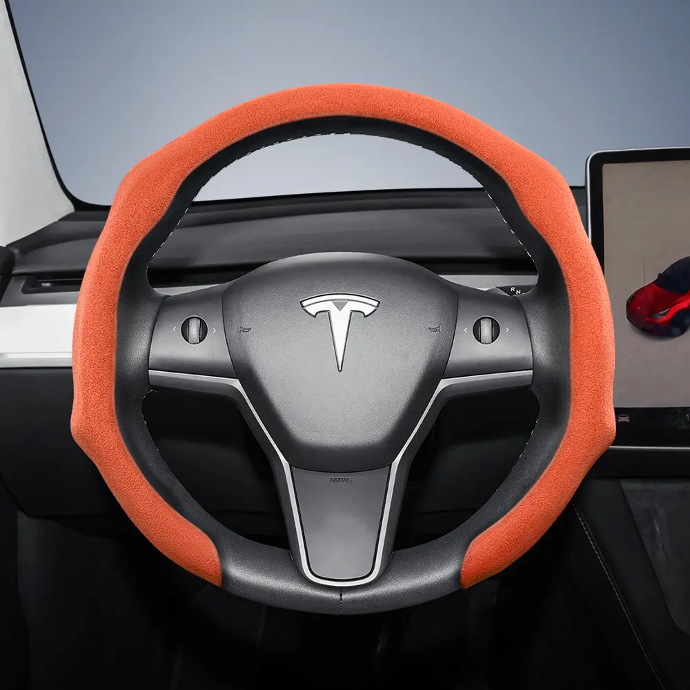 For Tesla Alcantara Leather Steering Wheel Cover Suede Quick-install Design All-season Anti-slip Sweat-absorbing For Model S/Model 3/Model Y/Model X/Model Y L Black Orange Red Pink Green White Car Accessories Automotive