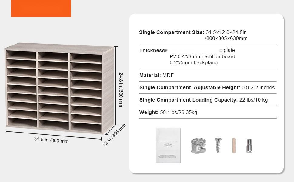 27 Compartments Wood Literature Organizer With Adjustable Shelves In MDF Mail Center For Office Home School Storage Of Files Documents Papers Magazines In Grey Finish, Ideal For Desk, Classroom, Library Organization