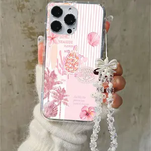 Tropical Seaside Florida Phone Case, Pastel Pink Palm Trees Hibiscus Shockproof & Scratch-Resistant Cover with Bow Beaded Strap, Fits iPhone 11–17 Pro Max Compatible with iPhone 11/12/13/14/15, 16 Pro Max/16 Pro/16 Plus