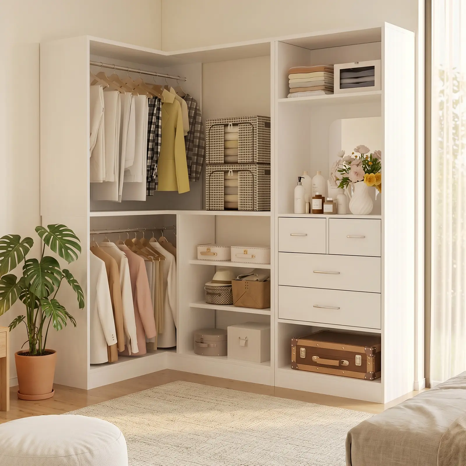 Unikito White L-Shaped Corner Wardrobe Closet Organizer - 4 Drawers, Mirror, Double Hanging Rods, Heavy Duty Freestanding Rack, Space Saving Corner Tower, Efficient Storage Solution for Small Spaces, Assembly Required, Freestanding Wardrobe Rack