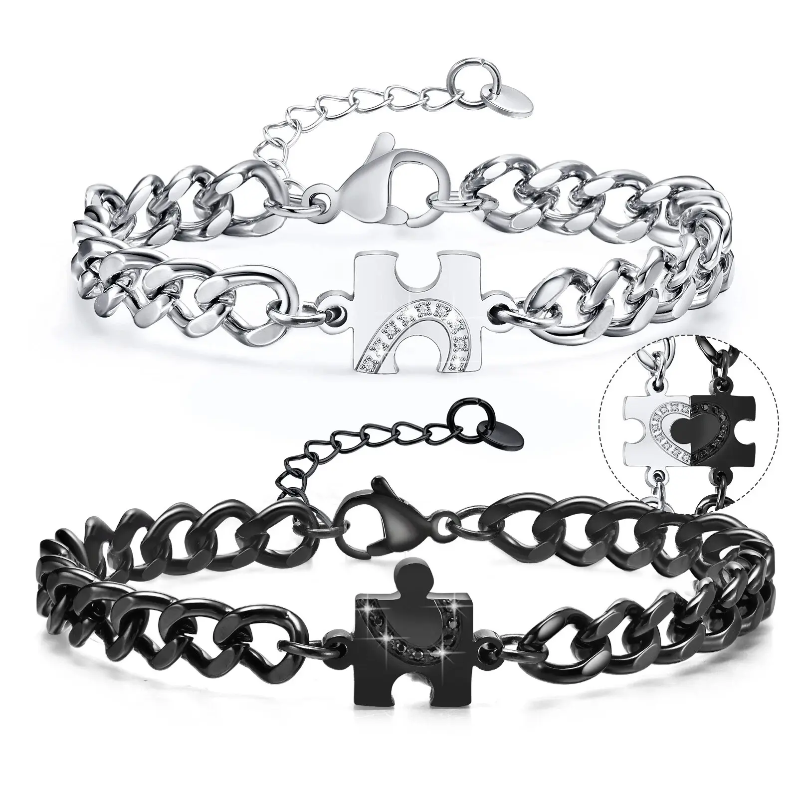 Unisex Adjustable Interlocking Heart Puzzle Pieces Bracelets - 6in Metal Coated Bangle, Trendy Fashionable Accessories for Long-Distance Relationships, Birthday, Casual Daily Wear, Distance Matching Jewelry with Bold Masculine & Elegant Refined Designs