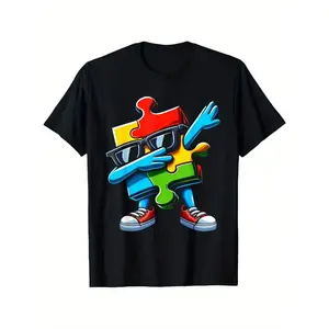 Autism Awareness Dabbing Puzzle Piece Autistic Boys Girls Boys T-Shirt, Fashionable Short-sleeved Comfortable and Versatile Summer T-shirts, Shorts for Men, Slightly Elastic, 100%cotton, S-XXXL