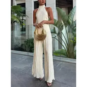 # springtok Women's Elegant French-Inspired Halter Top and Wide-Leg Pants Set - Chic Off-the-Shoulder Design, Ruched Texture, Polyester, Machine Washable, Summer Outfit | Chic Set | Glossy Finish Clothes Fabric