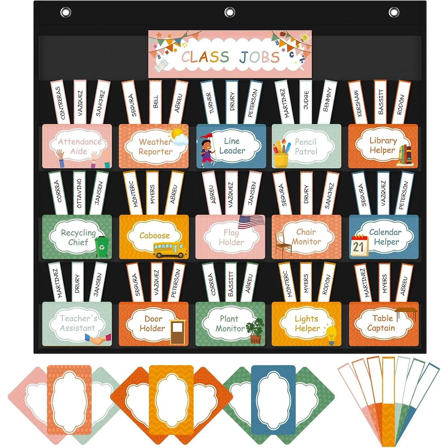 Classroom Jobs Pocket Chart (24" x 21") - 69 Colorful Erasable Cards, Classroom Management System, Elementary Kids Teacher Job Assignment Tool, Reinforced Grommets for Wall Mounting, Office & School Supplies Decor, 69 Cards