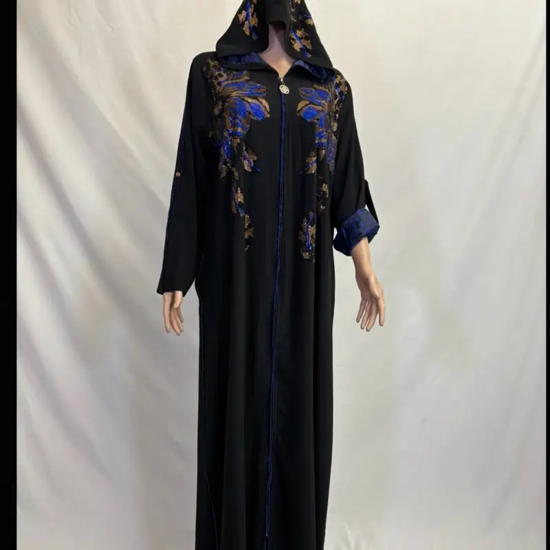 Royal Blue Abaya with Adjustable Sleeves & Hood Rhinestone Leaf Design Pockets Fashionable Women's Wear Black Color