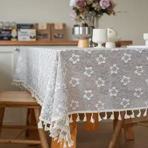 1pc Rustic Lace Fringe Tablecloth, Square Rectangle Camellia Cutout, Vintage Farmhouse Style, European French Retro Design
