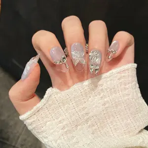 Almond shape french style Cat's Eye 3d stereoscopic butterfly handmade press on nails