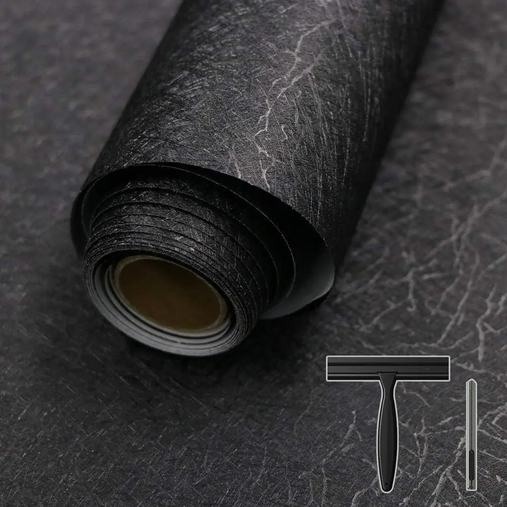 Black Silk Embossed Self-Adhesive Wallpaper - Pressure-Sensitive No Glue Waterproof Vinyl Wrap, Adhesive Wallpaper for Cabinets & Accent Walls, Renter-Friendly Removable Contact Paper (15.7"x118"), Adhesive Wallpaper Waterproof, Accent Wall Wallpaper