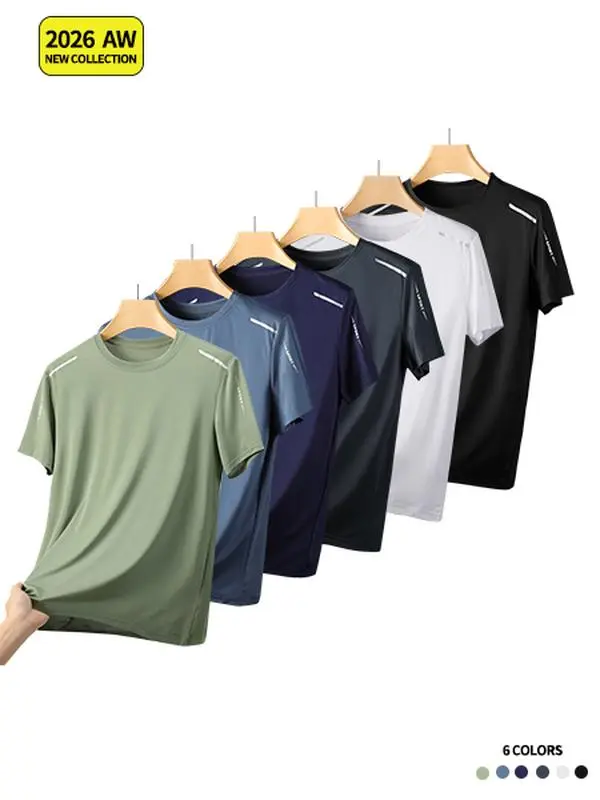 Men's Loose-Fit Quick Dry Polyester Blend Athletic T-Shirt - Sporty Chic, Crew Neck, Short Sleeve, Shoulder Stripe, Letter Print, Slight Stretch, Breathable for Running, Gym Workouts, Plain