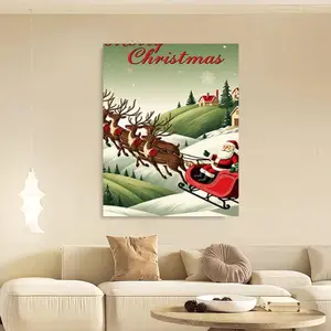 Framed 1pc Modern Vintage Santa Sleigh in Winter Wonderland Framed Canvas Poster - Wood Frame Wrapped Christmas Wall Art, d Ink Holiday Decoration for Home, Office & Gifts, Reusable Santa's Sleigh & Reindeer Print, Christmas Decor