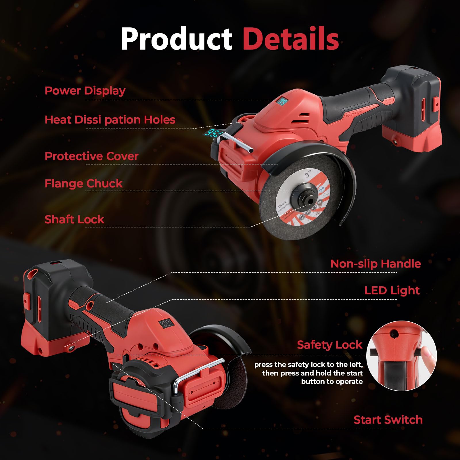 3" Cordless Cut Off Tool Brushless, Compact Angle Grinder with 5 Blades, LED Light, Dust Cover for  Wood Tile Plastic