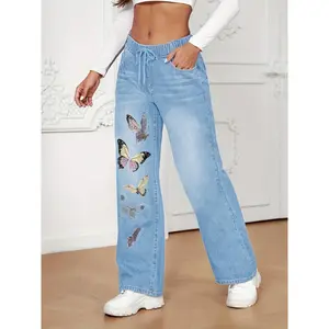 Women's Sky Blue Butterfly Print Straight-Leg Jeans - Smooth Denim, Medium Stretch & Elastic Drawstring Waistband |   All-Season Casual Pants with Pockets |   Machine Washable, Flattering Fit Jeans, Durable Denim Fabric
