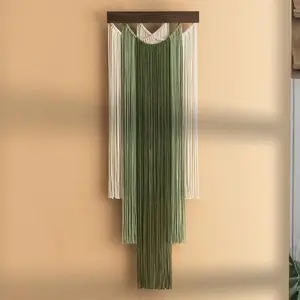 Boho Style Macrame Wall Hanging, Handmade Wood Board Fringe Backdrop, Wind-Blown Decorative Tapestry for Living Room Bedroom Office