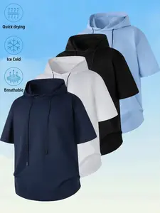Men’s short-sleeve hoodie, quick-dry ice cool breathable hooded T-shirt, loose-fit casual athletic top for gym workouts and everyday wear